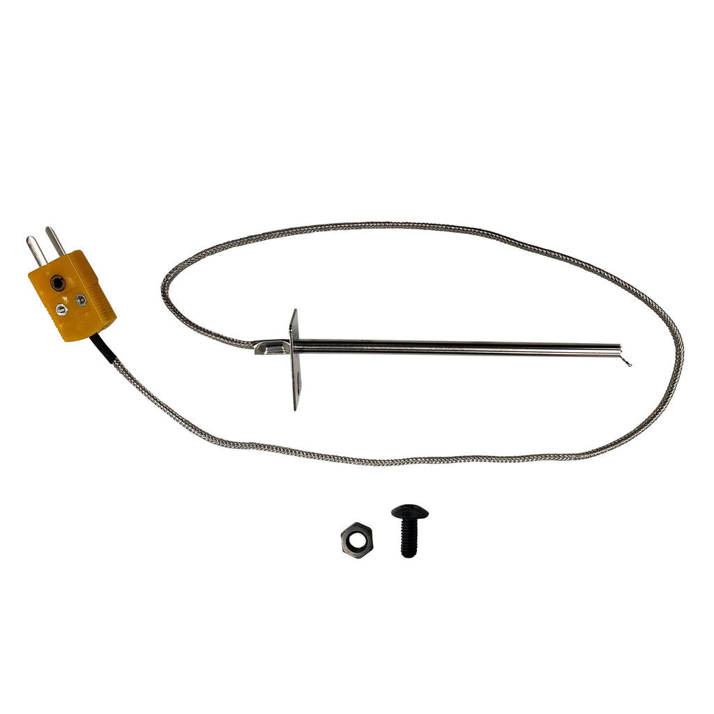 Temperature probe attached to plug by woven wire, with one screw and nut