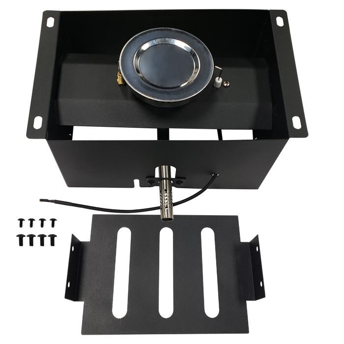 A metal box with burner assembly, burner mount, panel, and screws