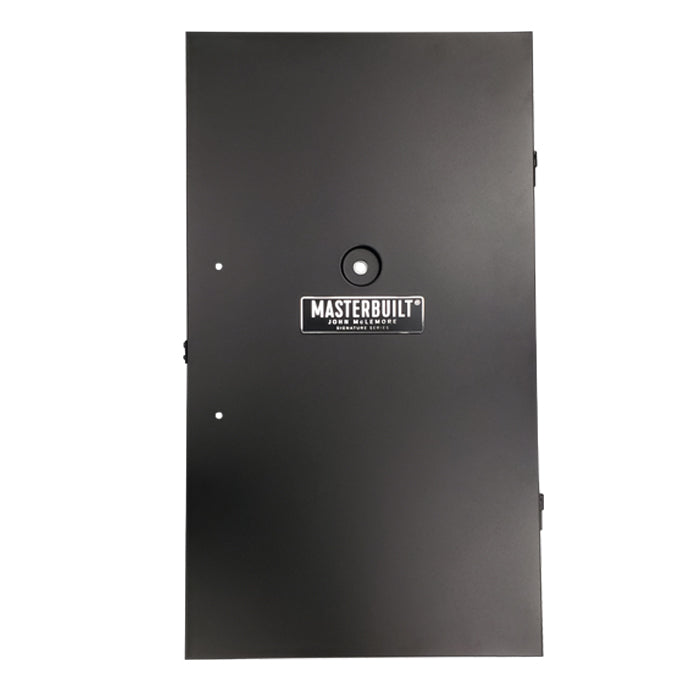 Black door with holes for handle, hole and inset for temperature gauge and Masterbuilt John McLemore Signature Collection plate
