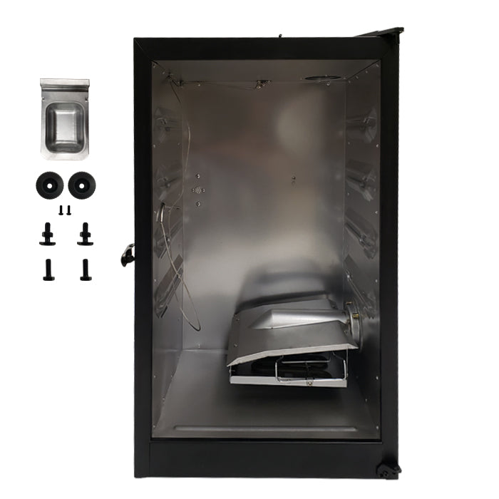 Metal smoker body with latch, temperature probe and wood chip assembly plus wheels, feet and hardware