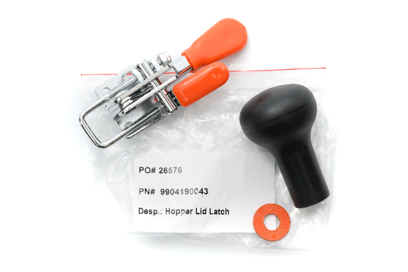Hopper lid latch, washer and handle