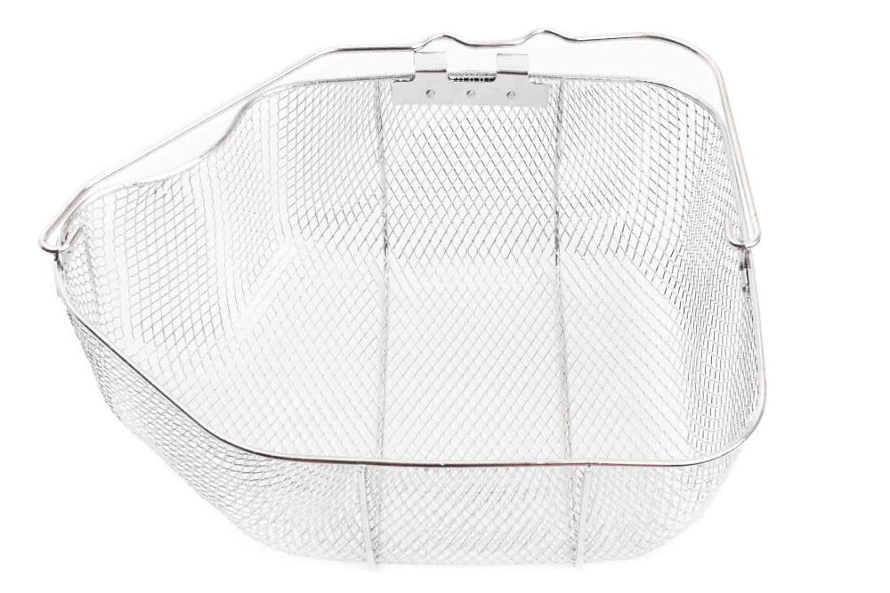 Wire basket with handle and side clips, shaped to hold a whole turkey