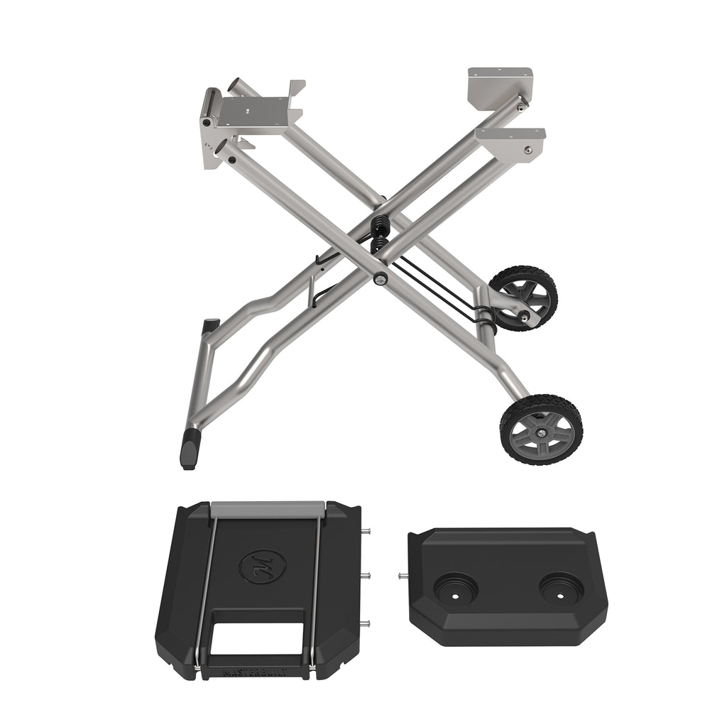 X-shaped cart with brackets to hold grill and 2 wheels plus 2 shelves to attach to cart