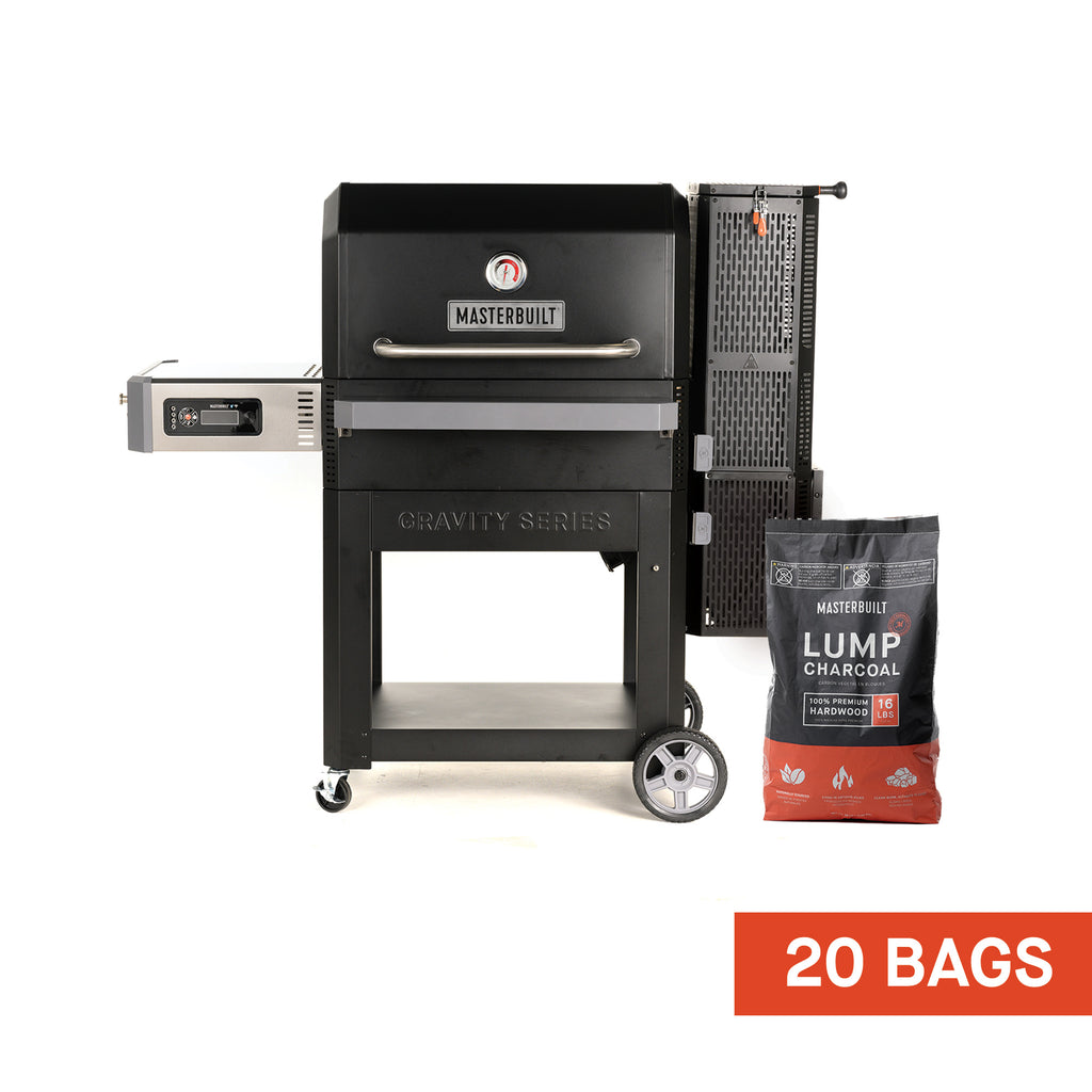 Gravity Series 1050 grill with control panel on left, charcoal hopper on right, mounted on a wheeled cart. A bag of lump charcoal sits next to the grill. This bundle includes 20 bags of charcoal.