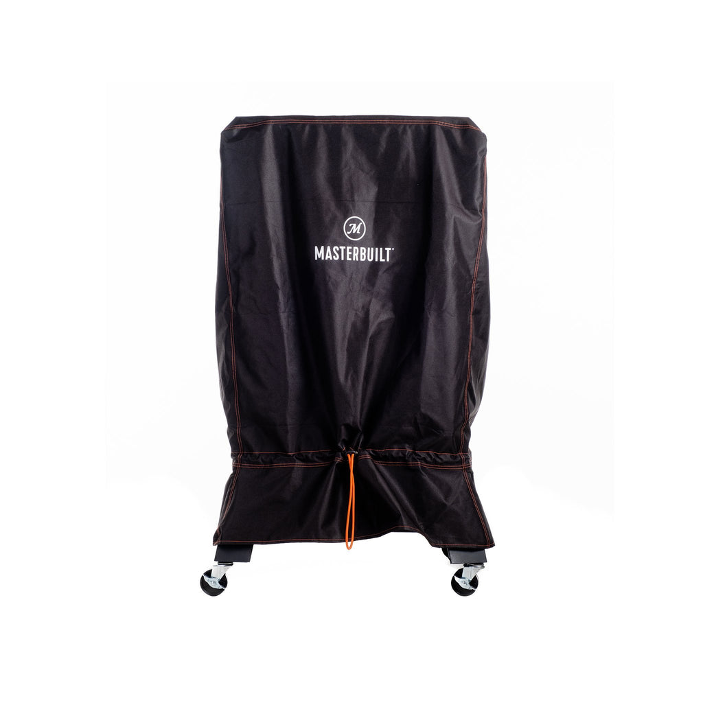 Black Masterbuilt smoker cover with orange thread highlights and orange cinch cord at the bottom