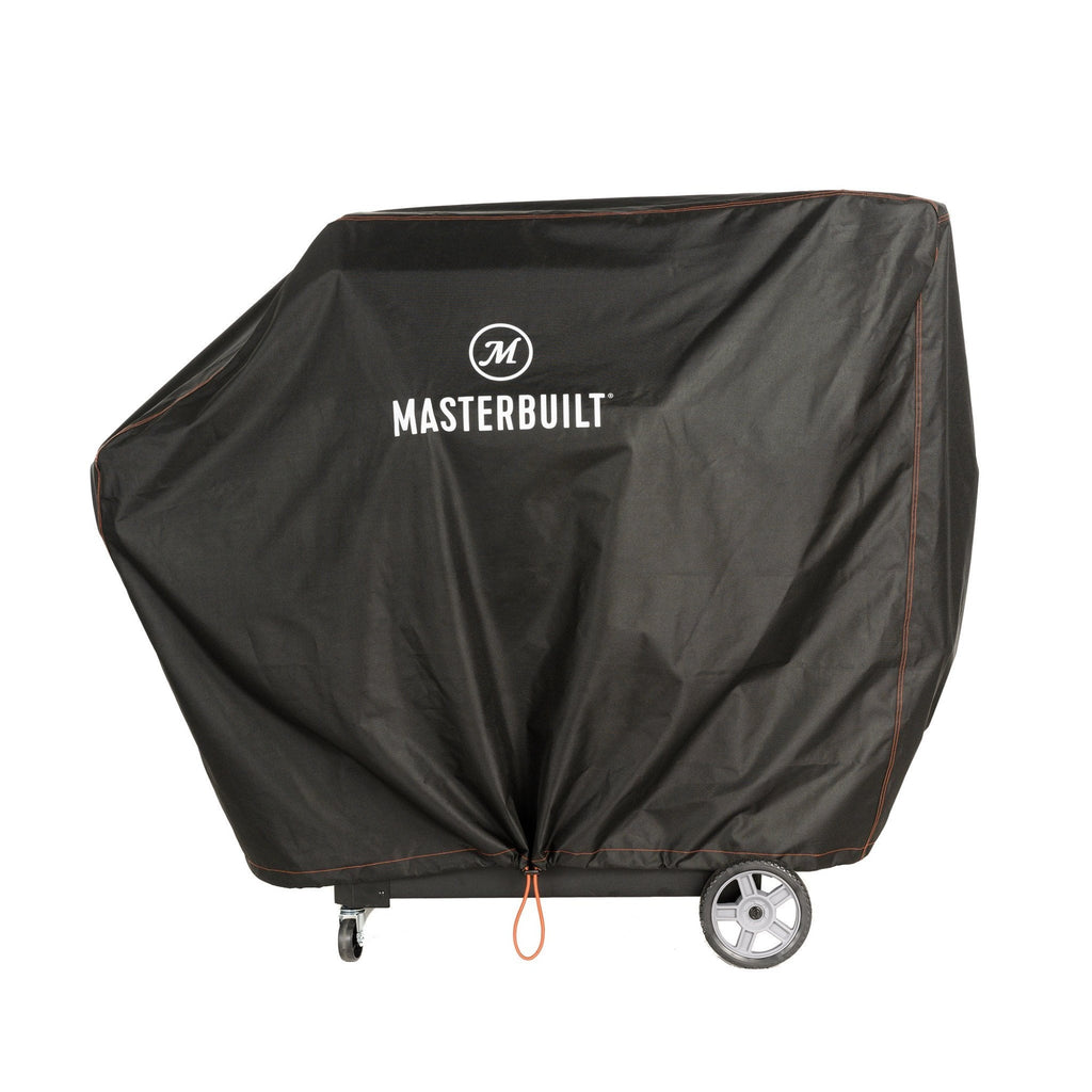 Masterbuilt Gravity Series cover, black, with orange stitching and white logo. Pull cord at the bottom keeps cover in place.