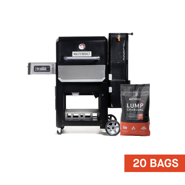 A Gravity Series 800 grill with control panel on the left and charcoal hopper on the right mounted on a wheeled cart. A bag of charcoal sits next to it. 20 bags of charcoal are included in this bundle