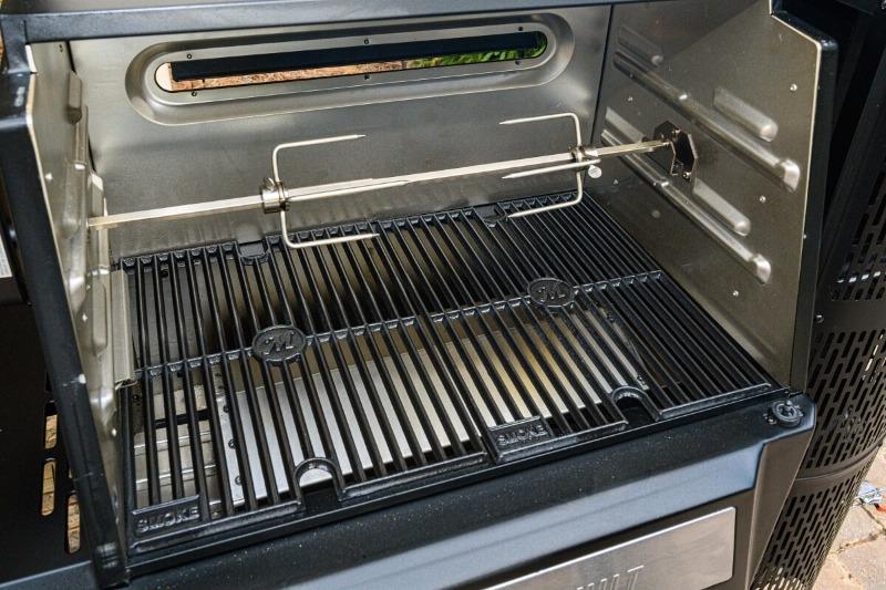 Rotisserie spit rod and meat claw installed in a Gravity Series Grill + Smoker