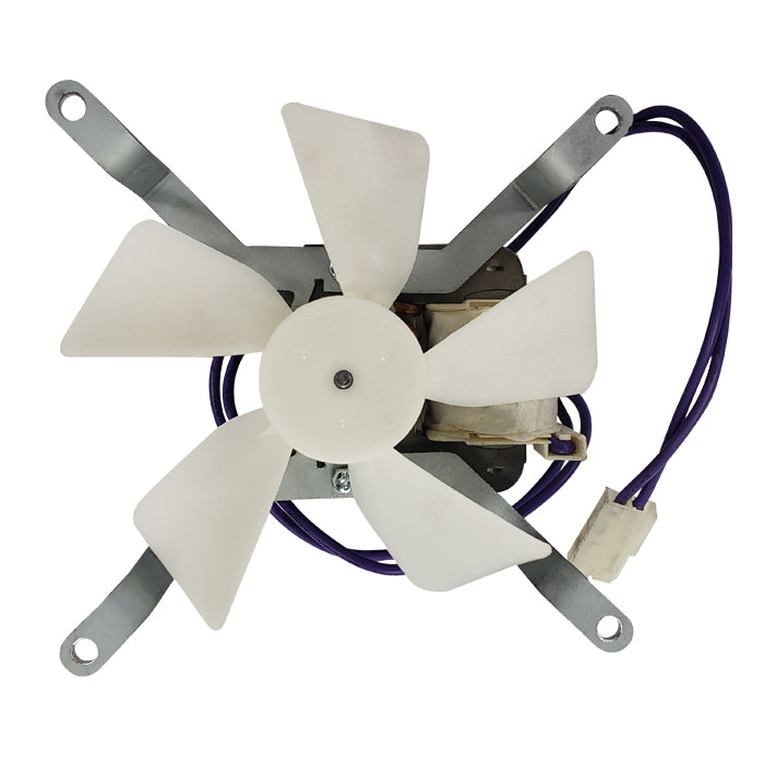 Fan and motor mounted in 4-armed bracket with attached connection wires and plug