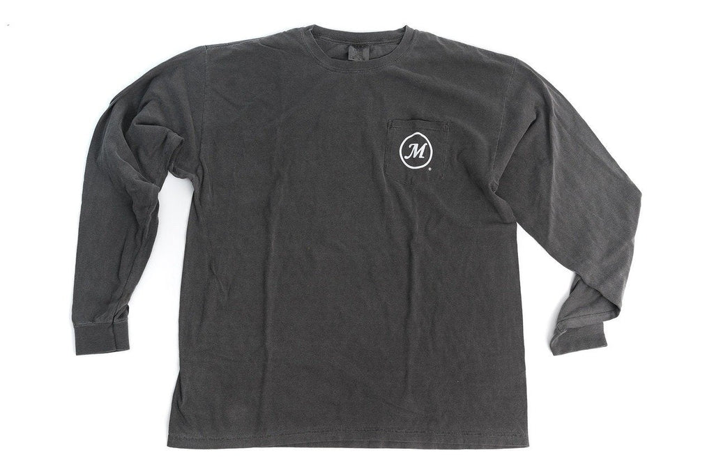 Long sleeve gray t-shirt with breast pocket that has the Masterbuilt logo printed on it in white