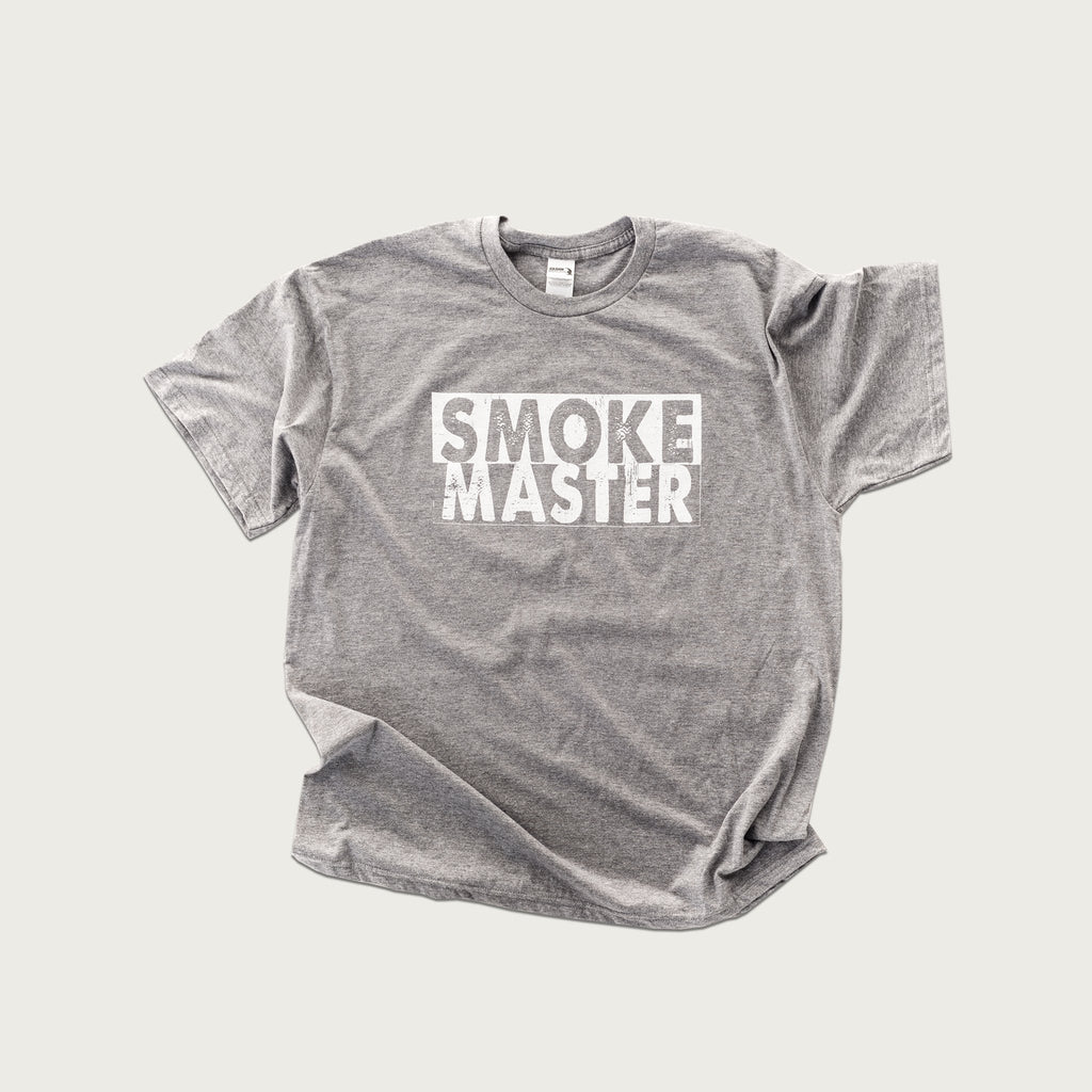 Heather-gray short-sleeved t-shirt with Smoke Master printed in 2 lines on the front