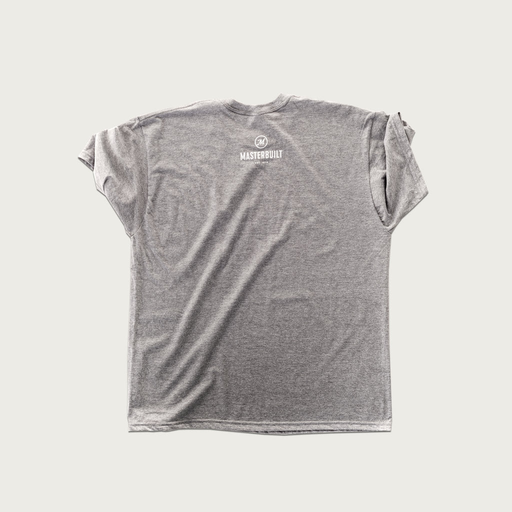 Back of gray t-shirt with Masterbuilt and the Masterbuilt logo printed in white just below the neck