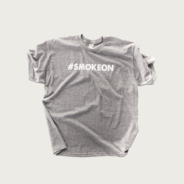 #SMOKEON shirt, gray tee with white lettering, front